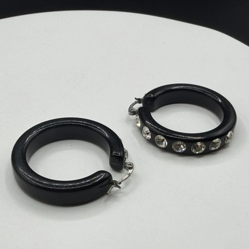 Black Chunky Hoop Earrings Clear Rhinestone Statement Y2K Glam Sparkle Pierced